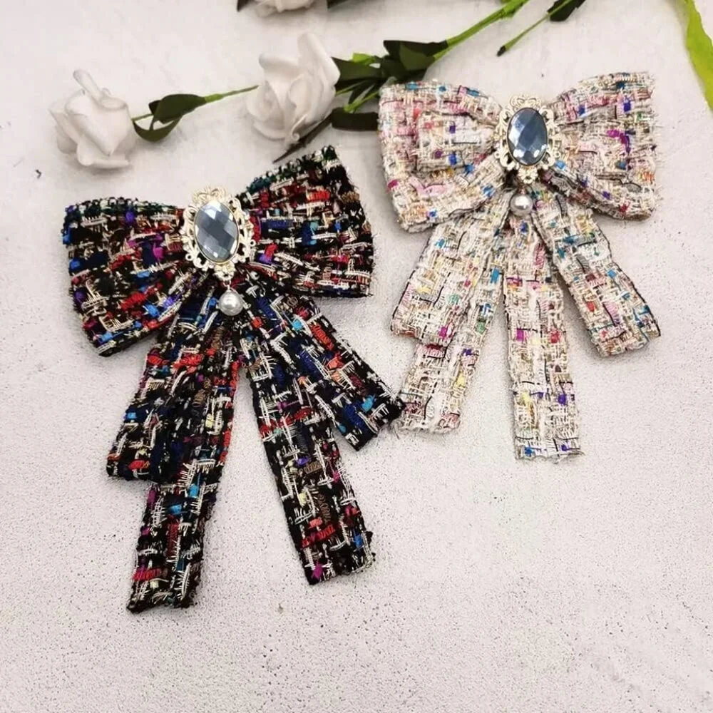 Women's Faux Pearl Rhinestone Bowknot Brooch Pin Elegant Necklace Accessory